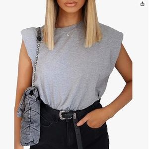 Women’s Solid Cotton Padded Shoulder Sleeveless Tee Vest Crew Neck Sz.S